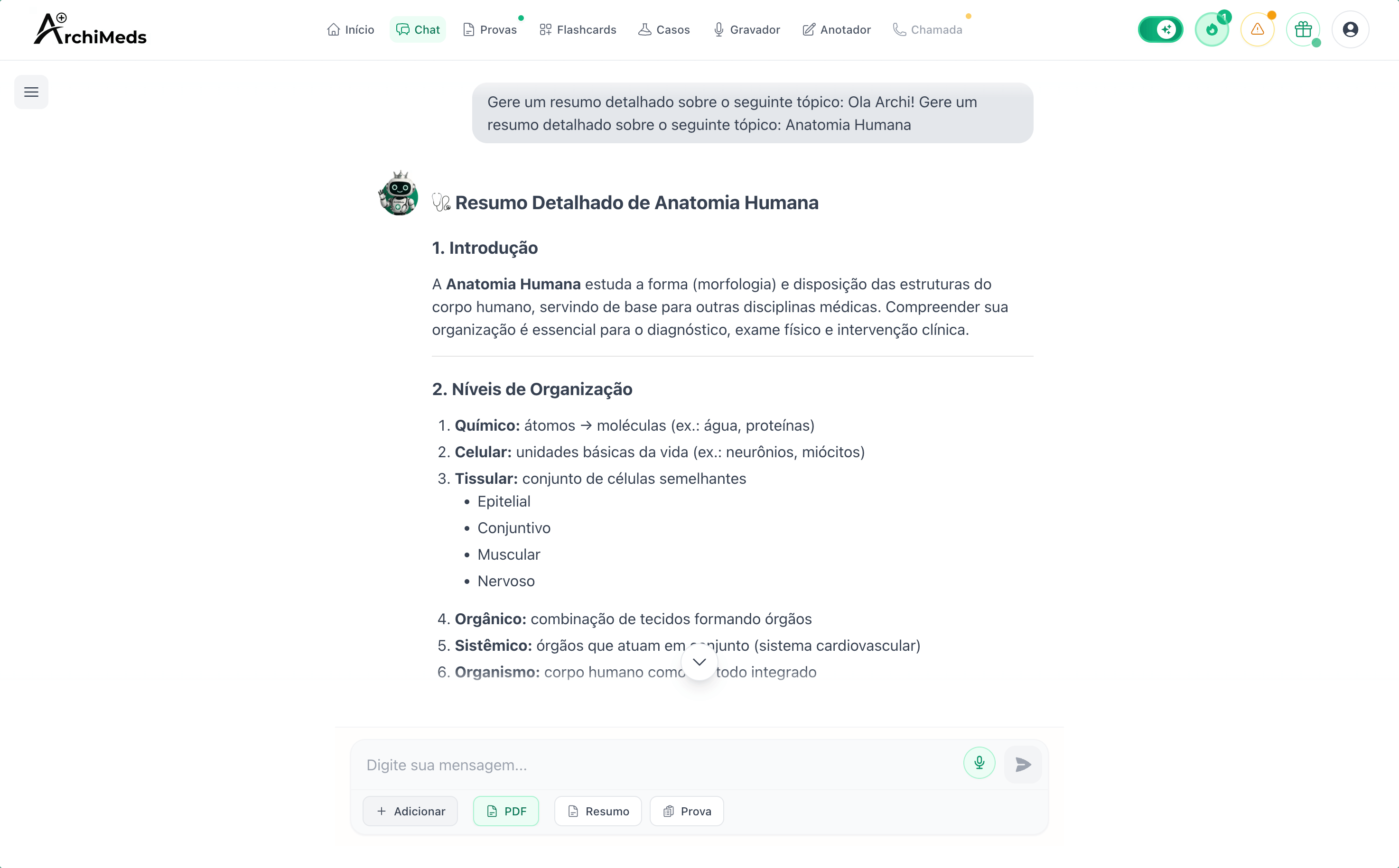 Interface do chat IA ArchiMeds para medicina com conversas sobre anatomia e fisiologia